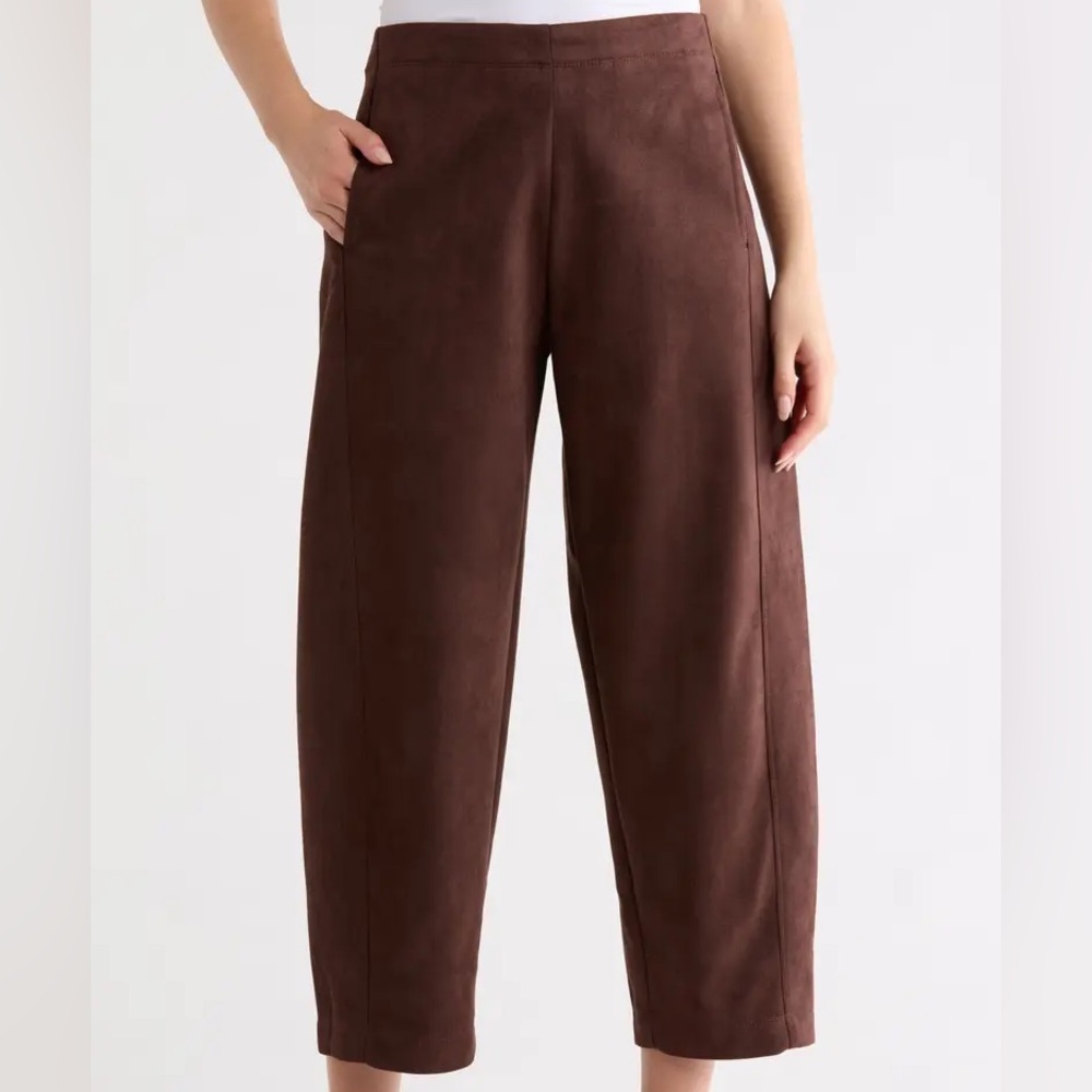 Max Studio Women S Brown Faux Suede Mid Rise Barrel Leg Trouser Ankle Pants NWT